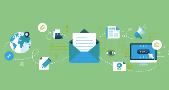 Illustration of digital communication icons — email, globe and devices — on green