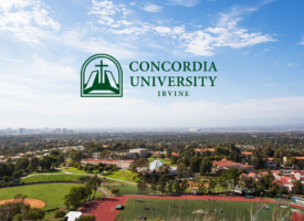 Aerial photo of Concordia University Irvine campus with institution logo
