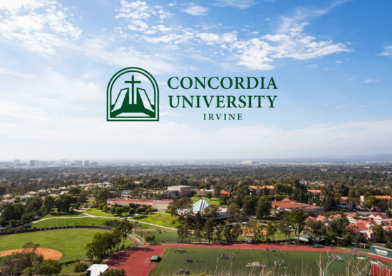Aerial photo of Concordia University Irvine campus with institution logo