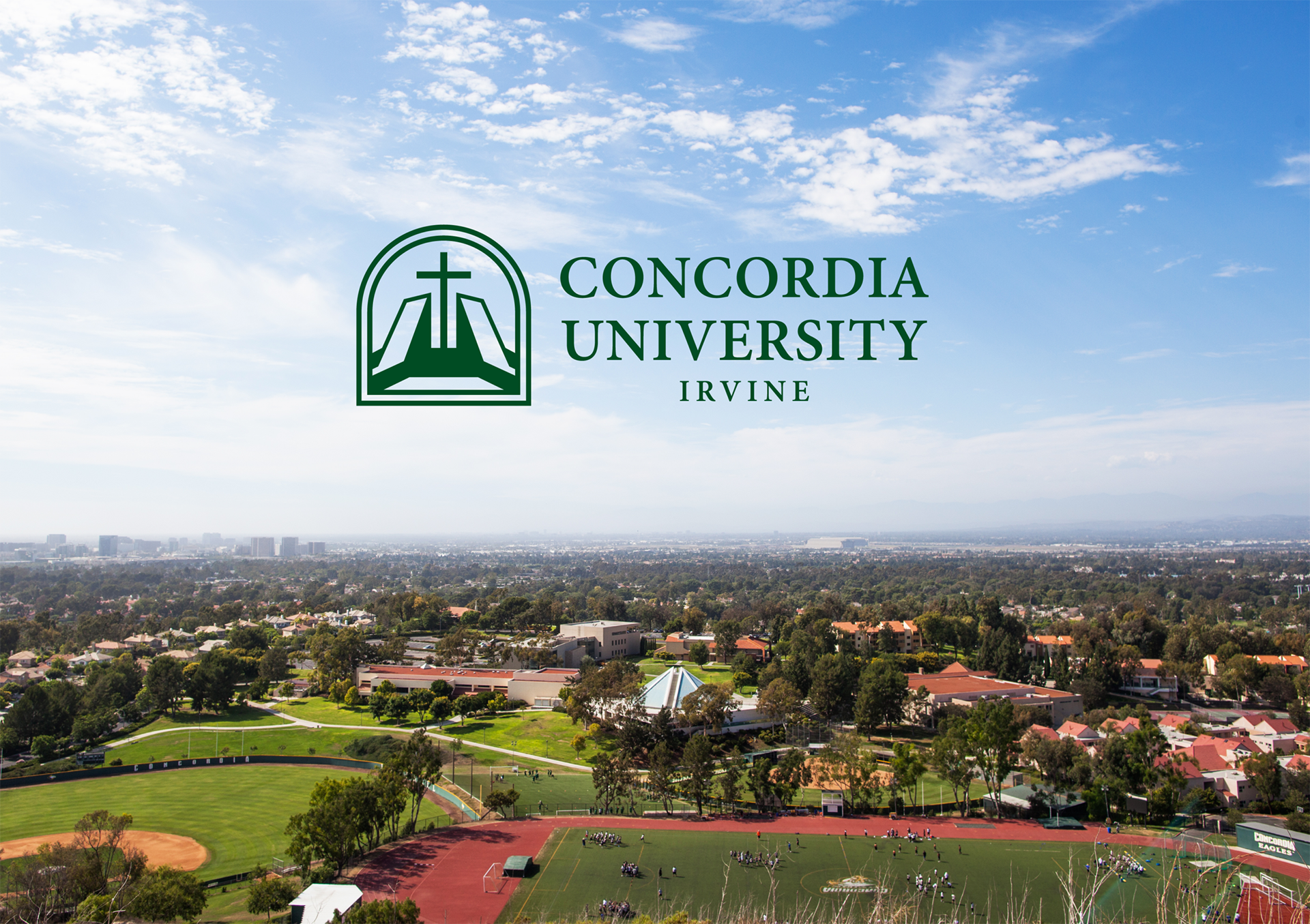 Aerial photo of Concordia University Irvine campus with institution logo