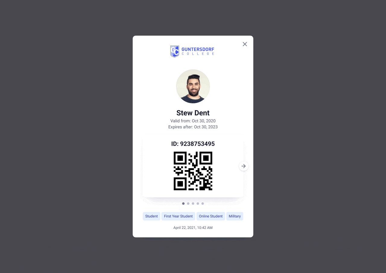 Animated gif of Pathify's Digital ID showing the ID for Gunterdorf College student, Stew Dent. Including vaccination status and library pass.