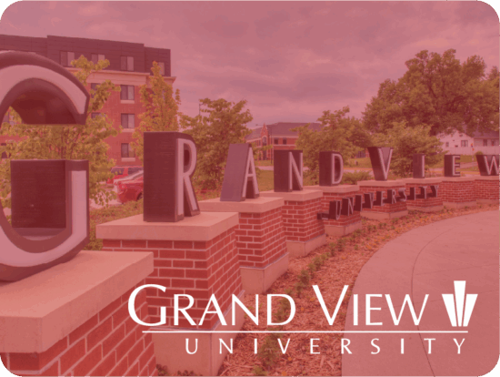 Grand View University letters sign over a red-tinted photo