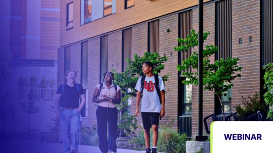Students walking past a campus residence hall in a webinar promotion
