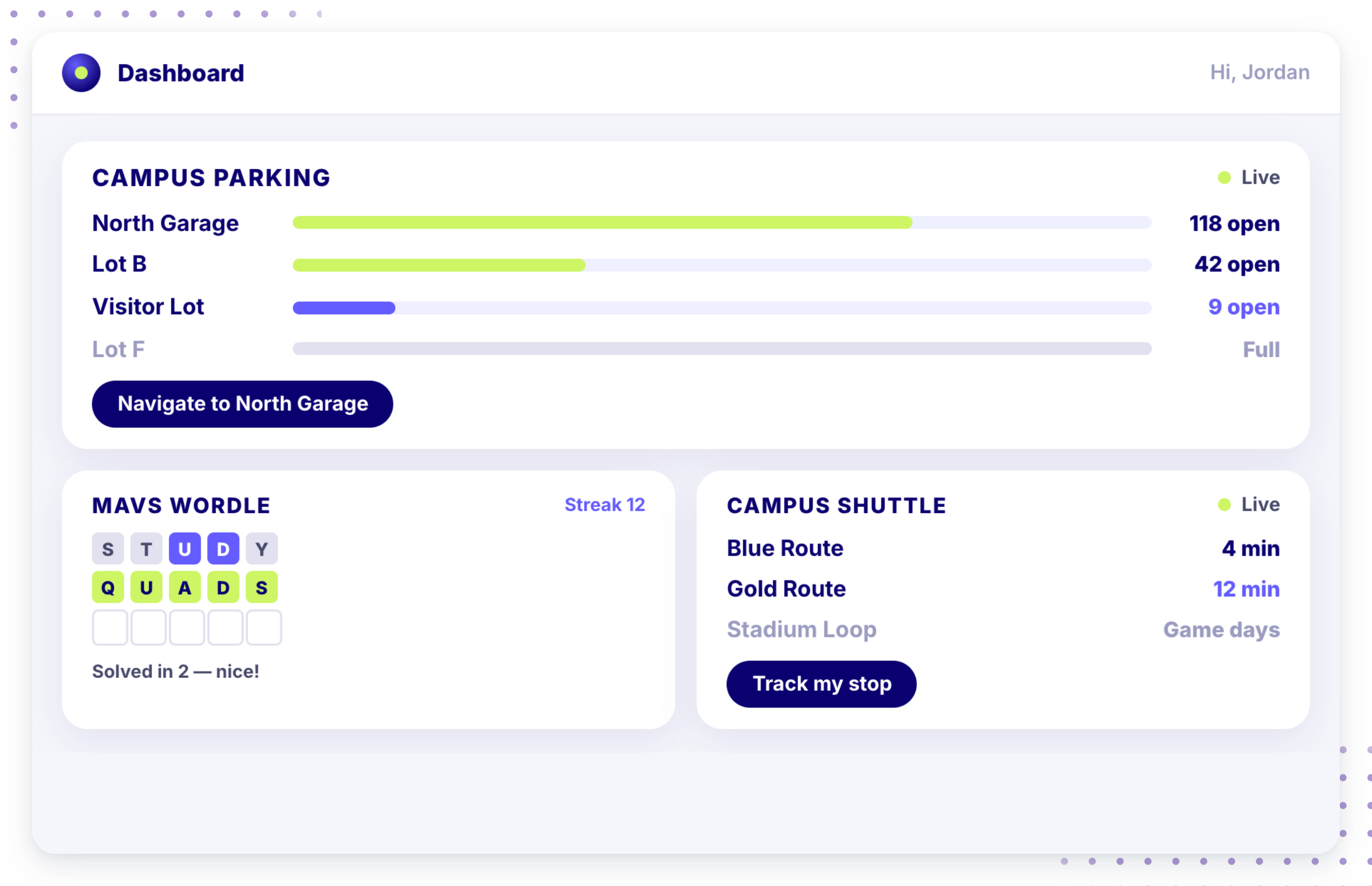 Custom widgets showing parking lot capacity, custom word game and shuttle schedule