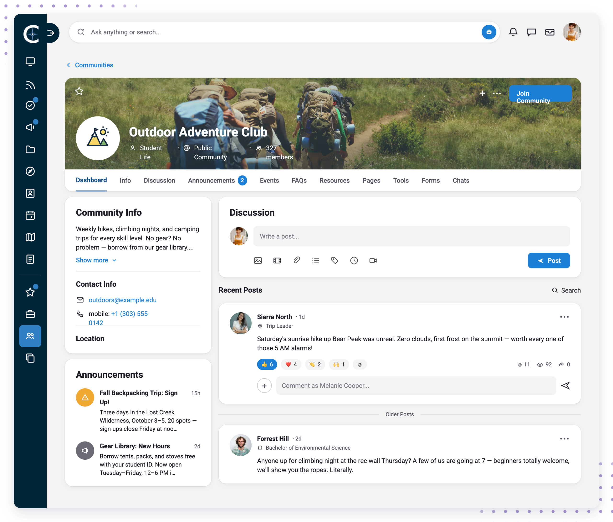Screenshot of Pathify Communities show ing the dashboard for the Outdoor Adventure Club