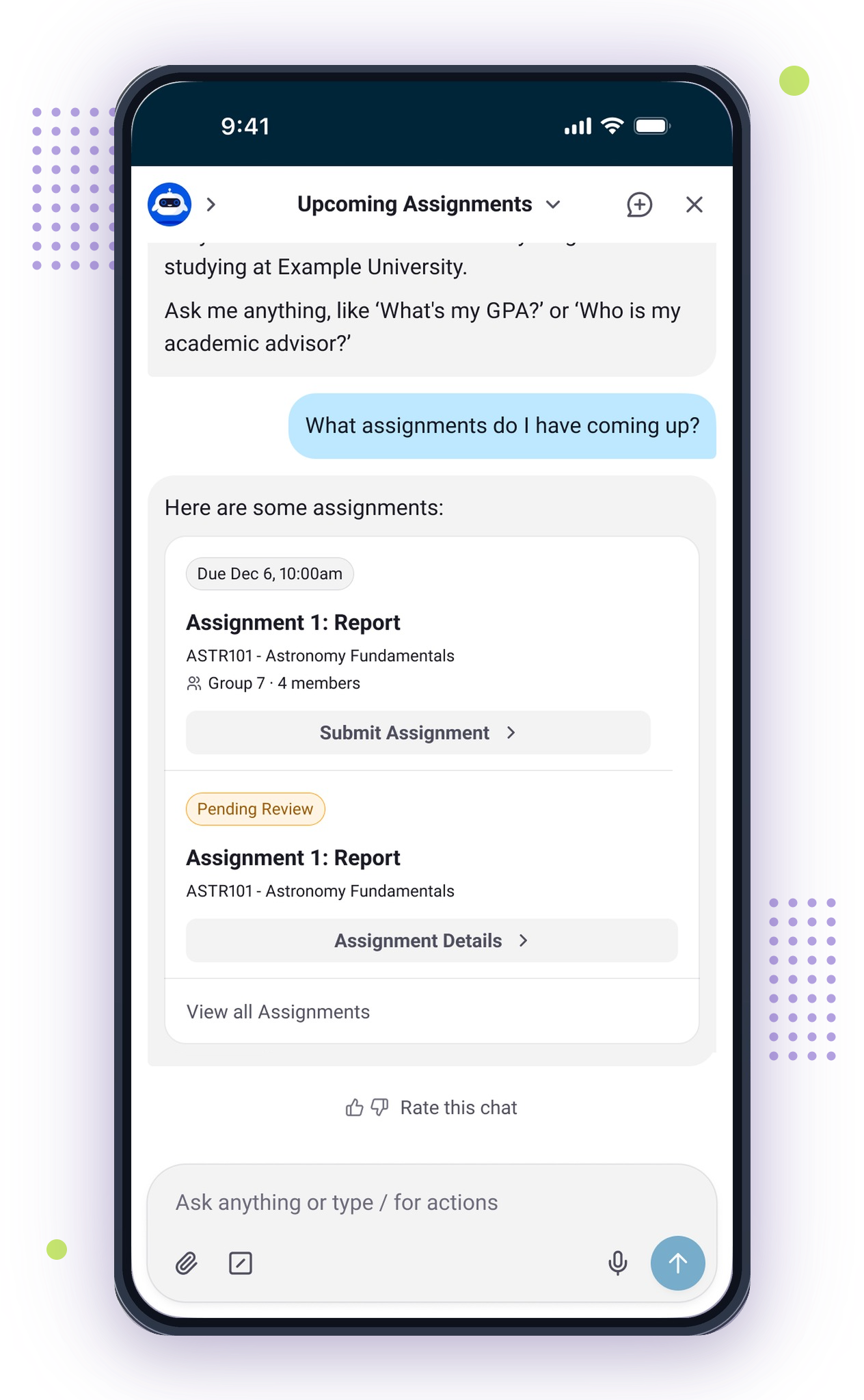 Pathify AI Agent on a phone listing a student's upcoming assignments