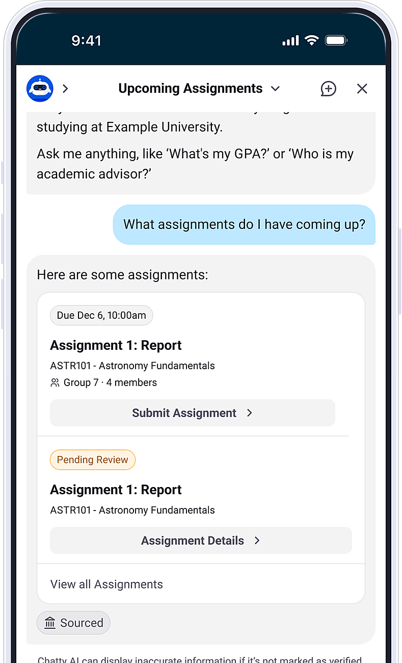 Pathify AI Agent on a phone, listing upcoming assignments with submission links