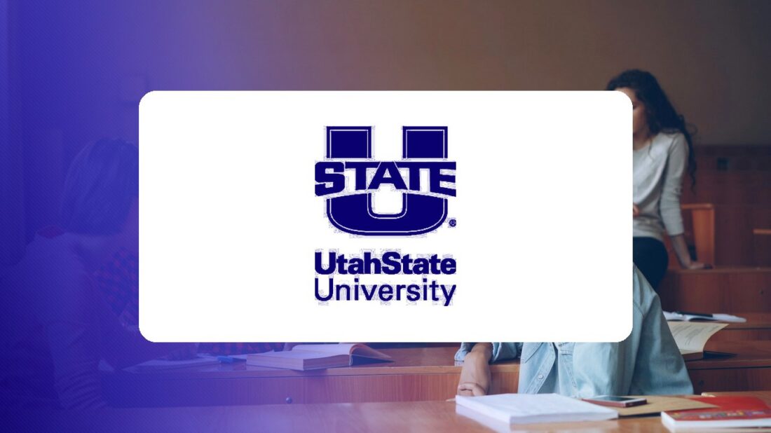Utah State University logo over a campus photo tinted in Pathify purple — customer story
