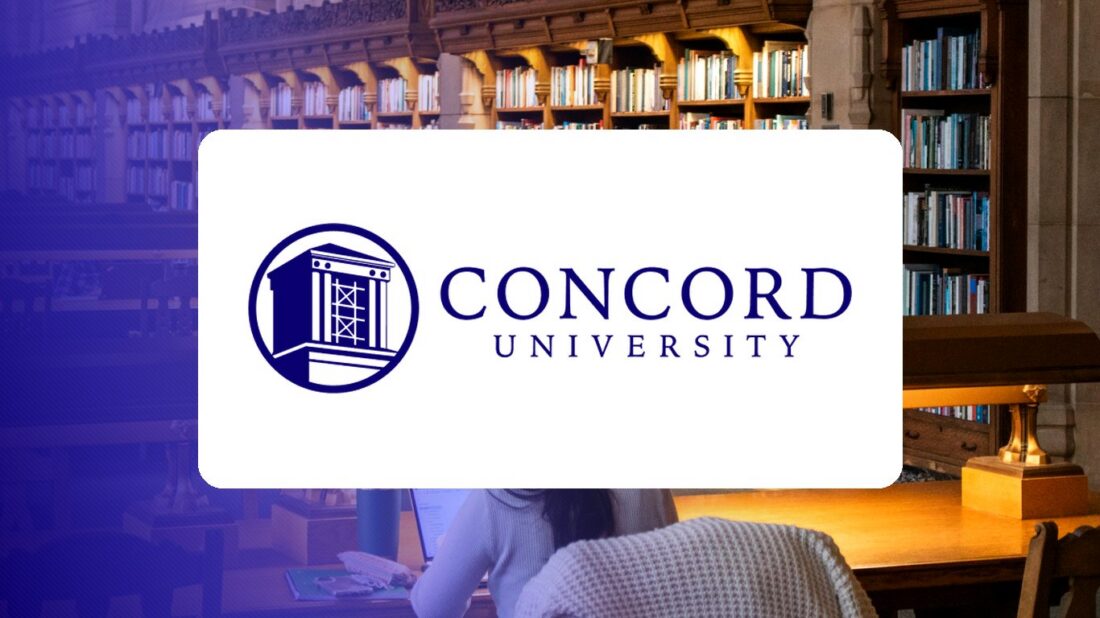 Concord University logo over a campus photo tinted in Pathify purple — customer story tile