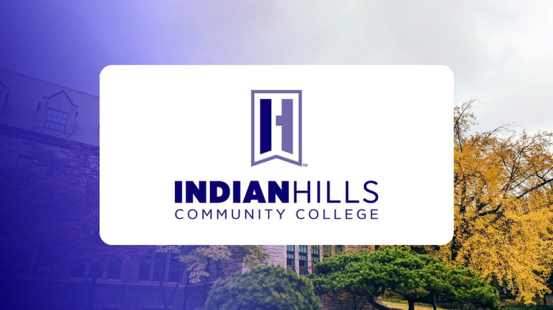 Indian Hills Community College logo over a campus photo tinted in Pathify purple — customer story tile