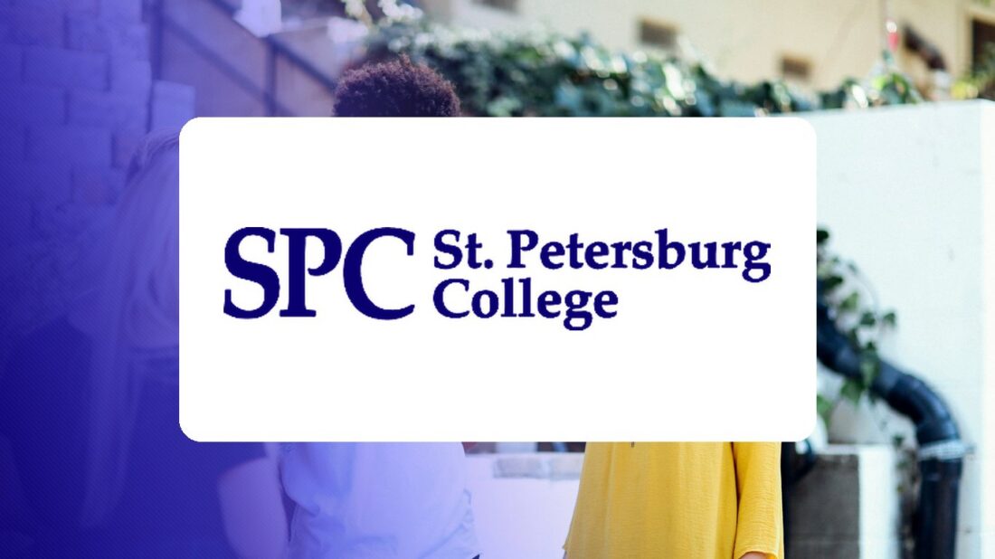 St. Petersburg College logo over a campus photo tinted in Pathify purple — customer story tile