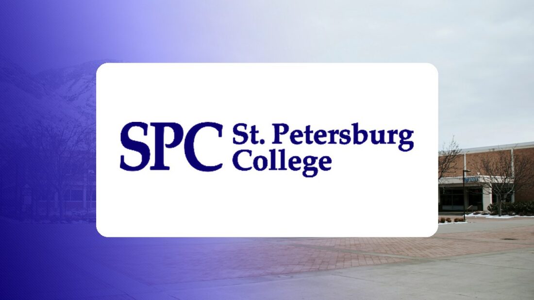 St. Petersburg College logo over a campus photo tinted in Pathify purple — customer story tile