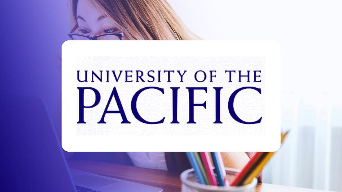 University of the Pacific logo over a campus photo tinted in Pathify purple — customer story tile