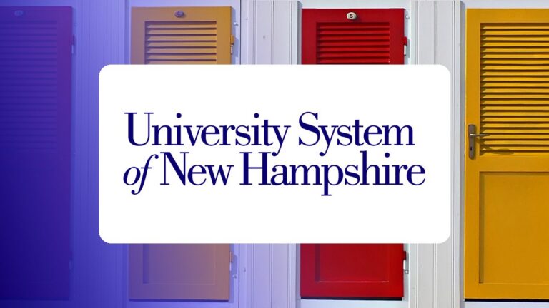 University System of New Hampshire logo over a campus photo tinted in Pathify purple — customer story tile