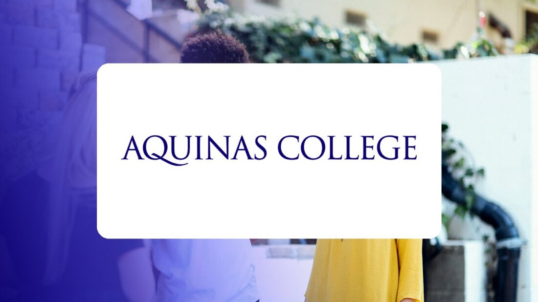 Aquinas College logo over a campus photo tinted in Pathify purple — customer story tile