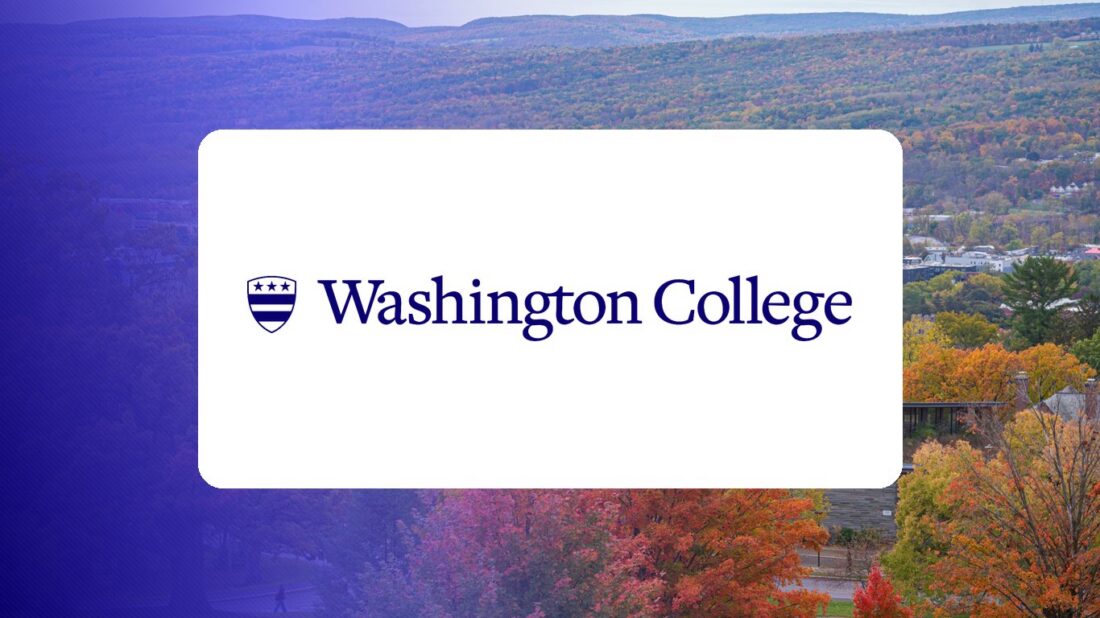 Washington College logo over a campus photo tinted in Pathify purple — customer story tile