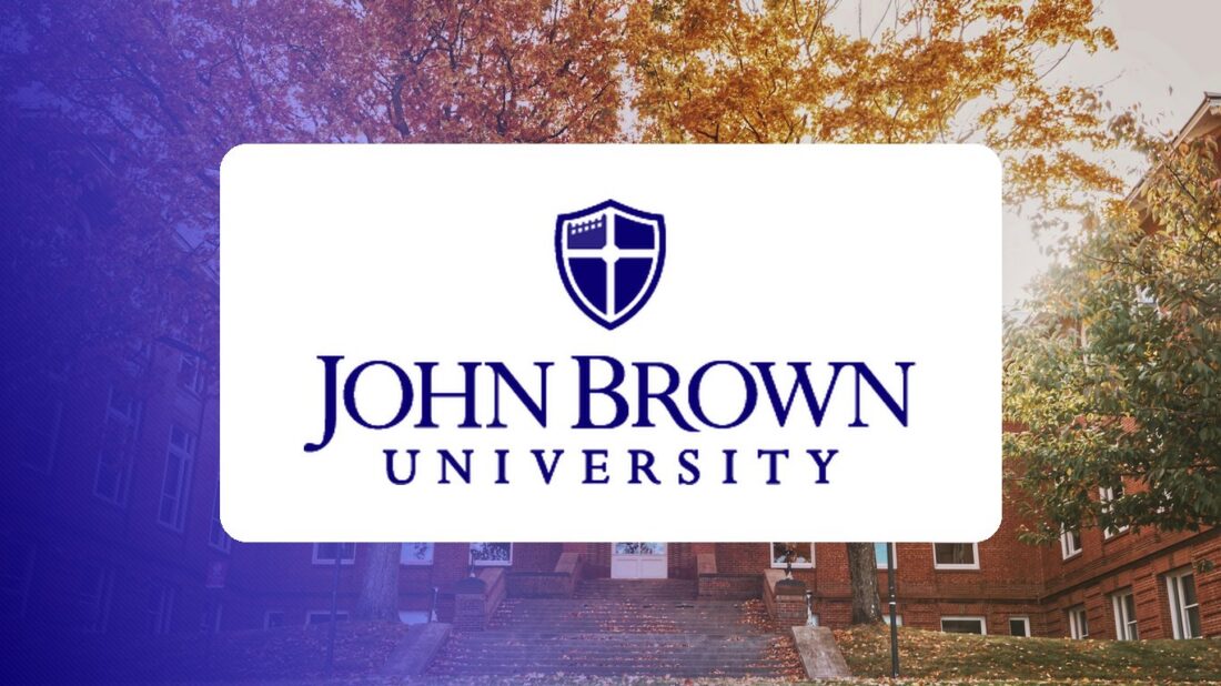 John Brown University logo over a campus photo tinted in Pathify purple — customer story tile