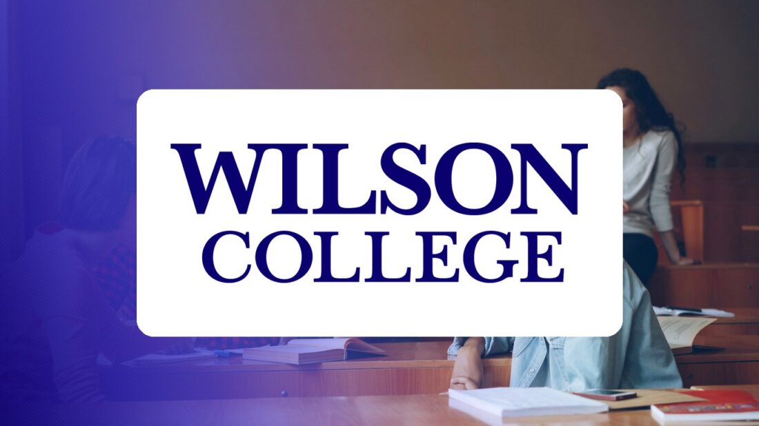 Wilson College logo over a campus photo tinted in Pathify purple — customer story tile