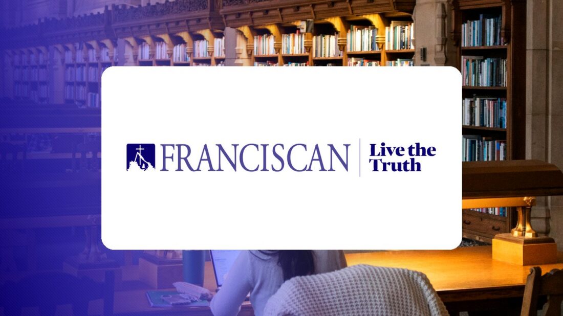 Franciscan University logo over a campus photo tinted in Pathify purple — customer story tile