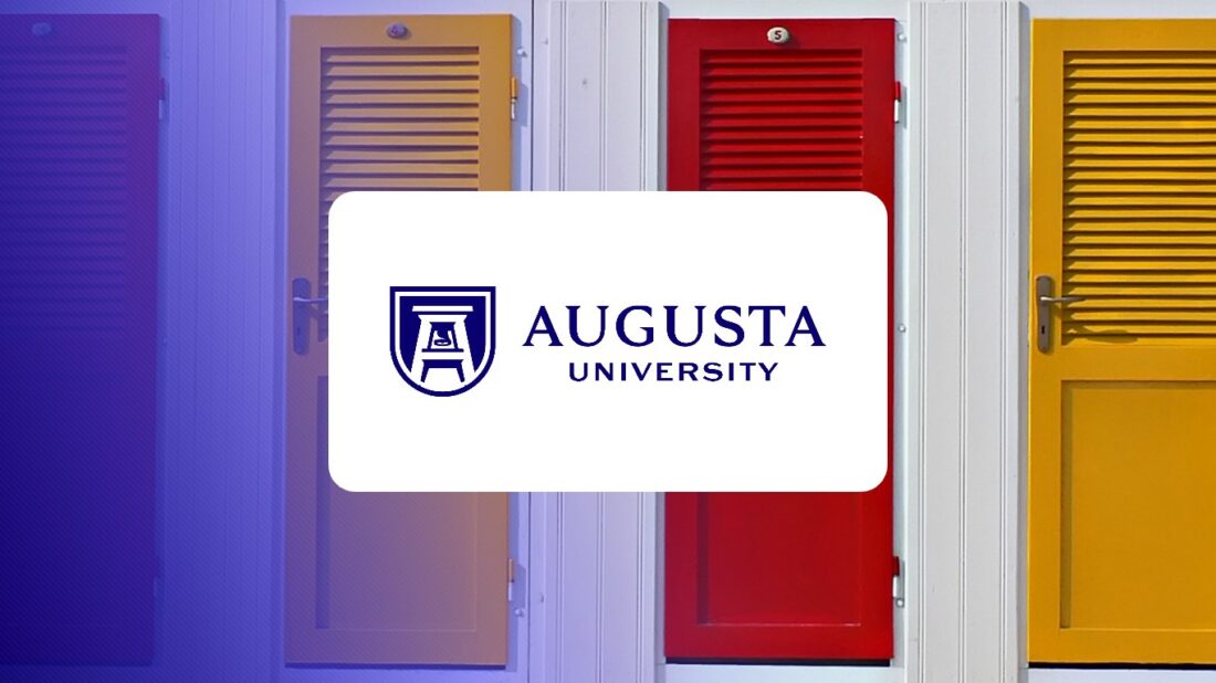 Augusta University logo over a row of coloured lockers