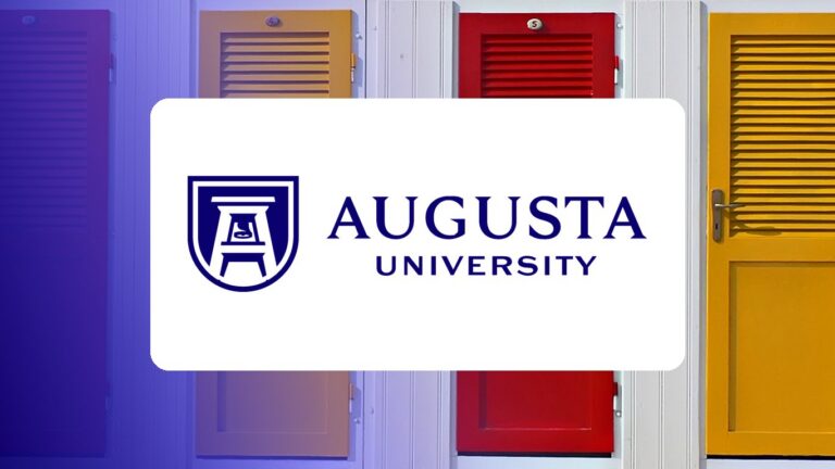 Augusta University logo over a campus photo tinted in Pathify purple — customer story tile