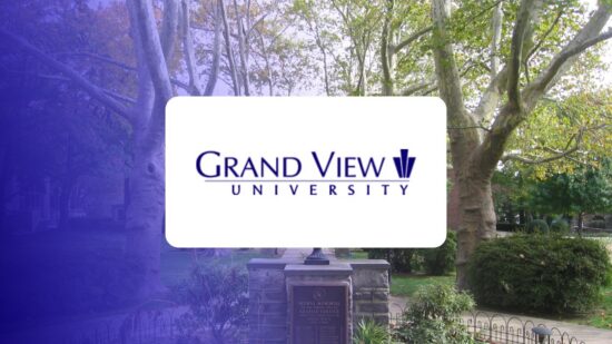 Grand View University logo over a campus photo tinted in Pathify purple — customer story tile