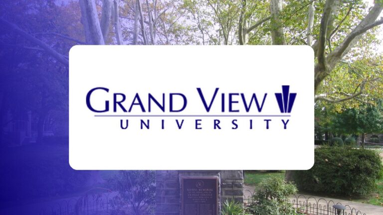 Grand View University logo over a campus photo tinted in Pathify purple — customer story tile