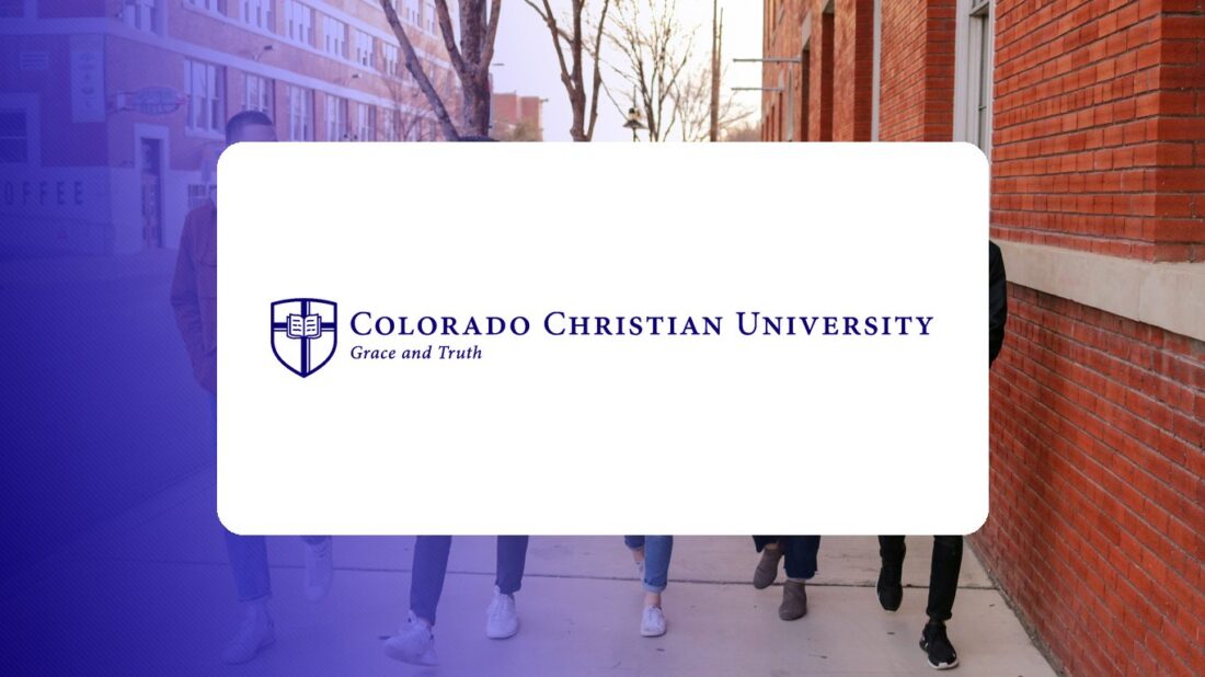 Colorado Christian University logo over a campus photo tinted in Pathify purple — customer story tile