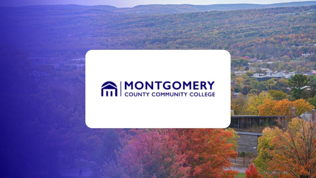 Montgomery County Community College logo over a campus photo tinted in Pathify purple — customer story tile