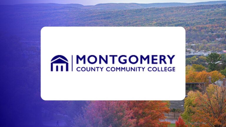 Montgomery County Community College logo over a campus photo tinted in Pathify purple — customer story tile