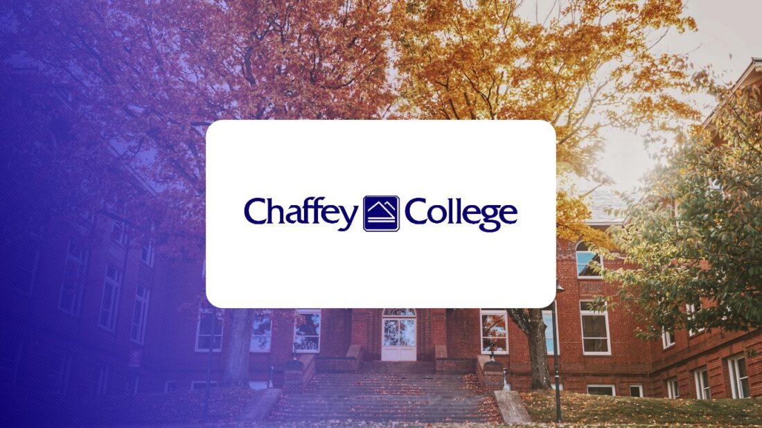 Chaffey College logo over a campus photo tinted in Pathify purple — customer story tile