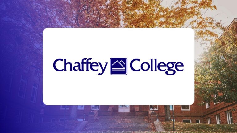 Chaffey College logo over a campus photo tinted in Pathify purple — customer story tile