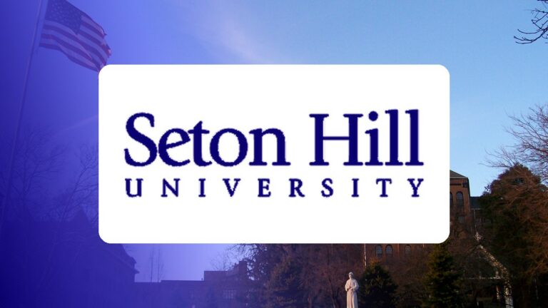 Seton Hill University logo over a campus photo tinted in Pathify purple — customer story tile