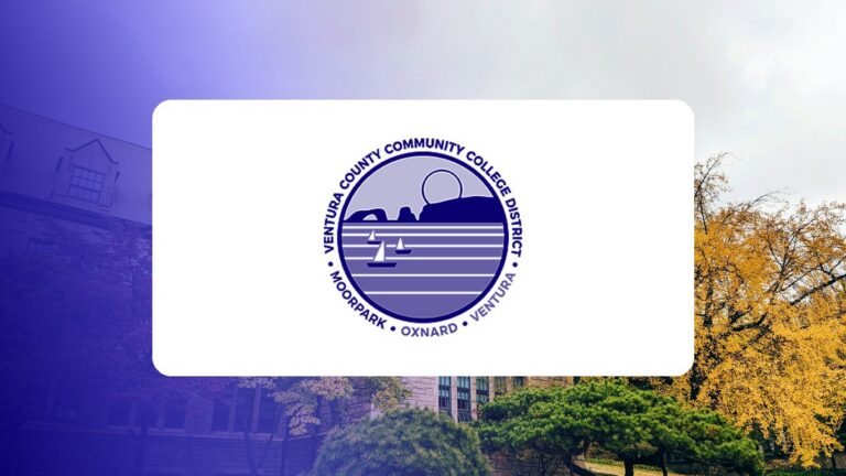 Ventura County Community College District logo over a campus photo tinted in Pathify purple — customer story tile