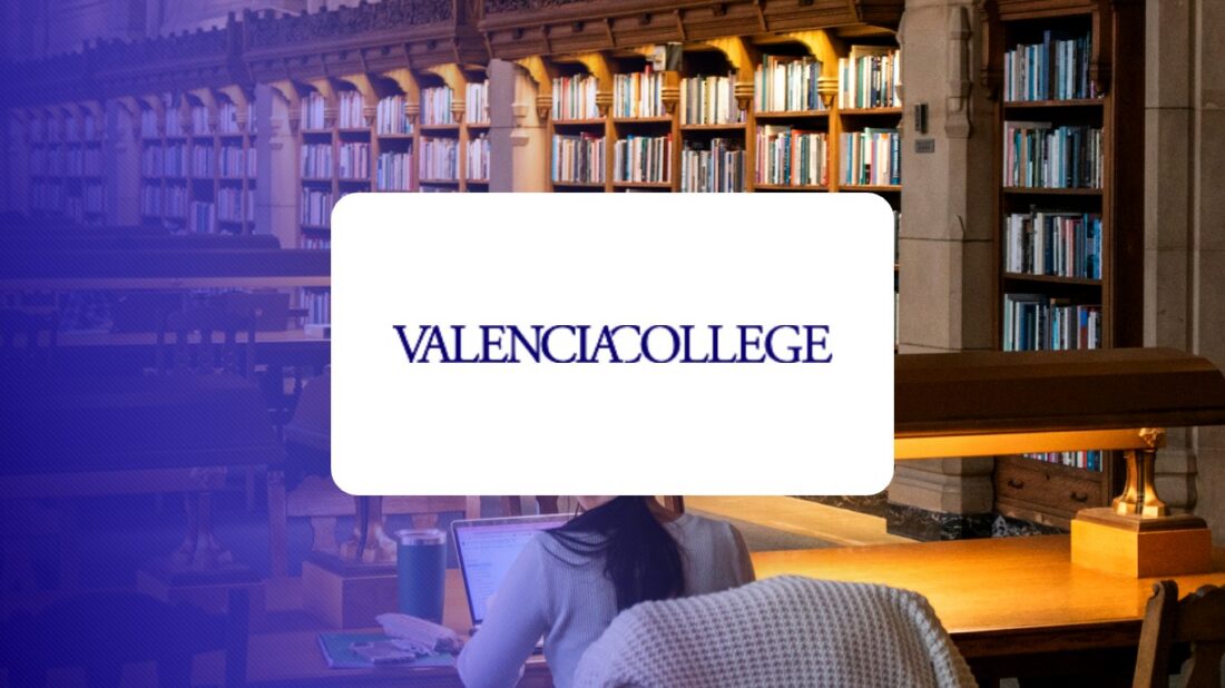 Valencia College logo over a campus photo tinted in Pathify purple — customer story tile
