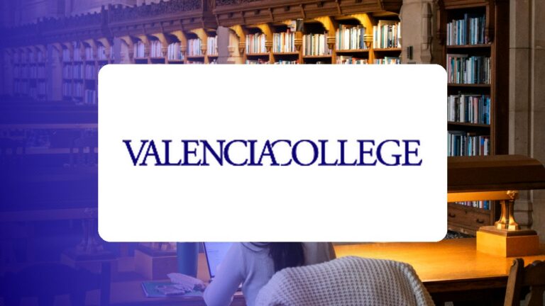 Valencia College logo over a campus photo tinted in Pathify purple — customer story tile