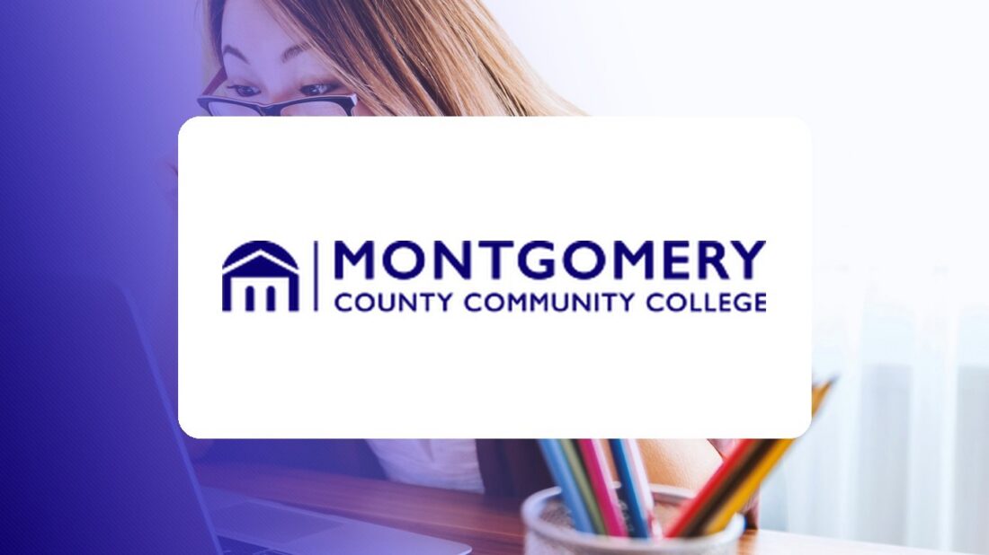 Montgomery County Community College logo over a campus photo tinted in Pathify purple — customer story tile