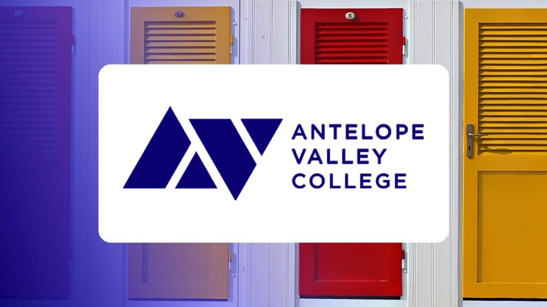 Antelope Valley College logo over a campus photo tinted in Pathify purple — customer story tile