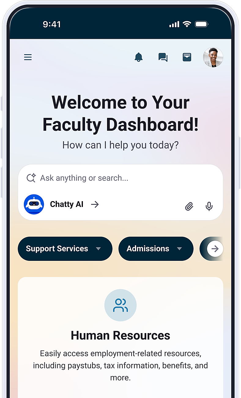 Pathify faculty dashboard on a phone with AI search and a Human Resources quick link