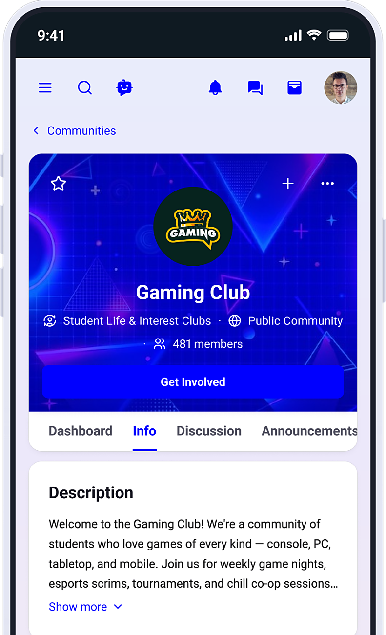 Pathify Communities on a phone showing a Gaming Club group page with 481 members