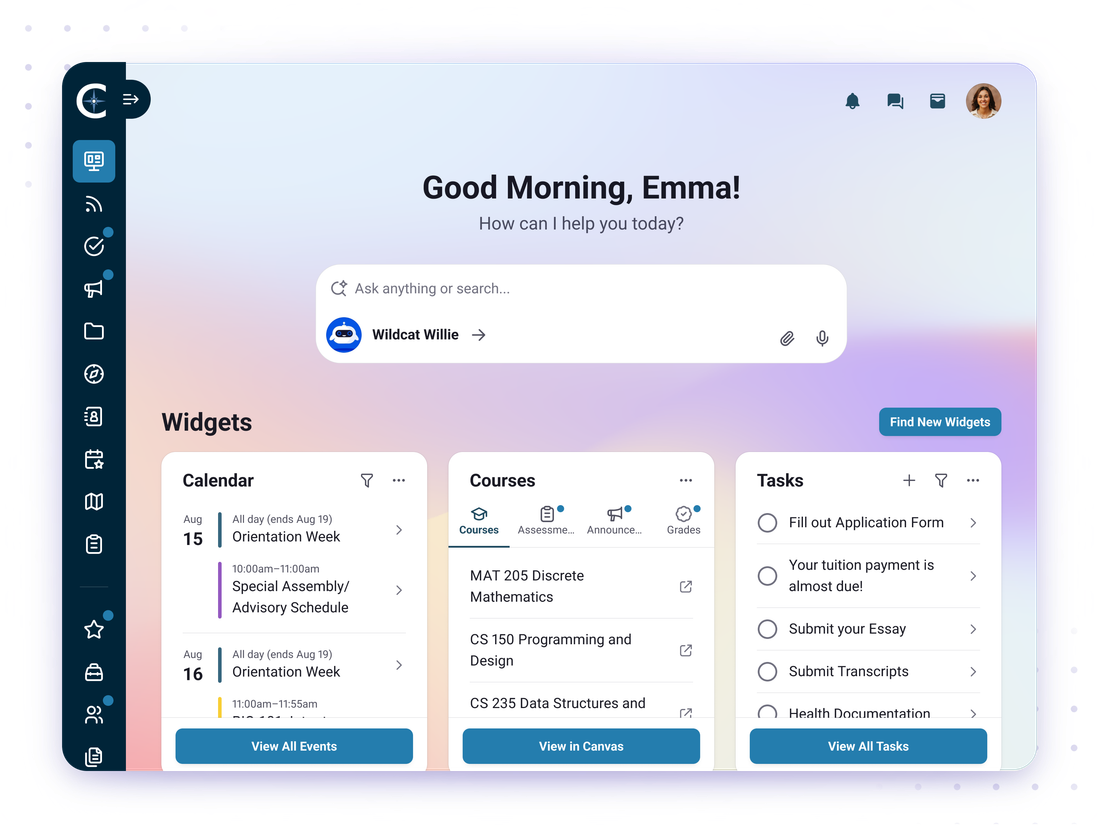 Pathify Hub student dashboard with AI search and calendar, courses and tasks widgets