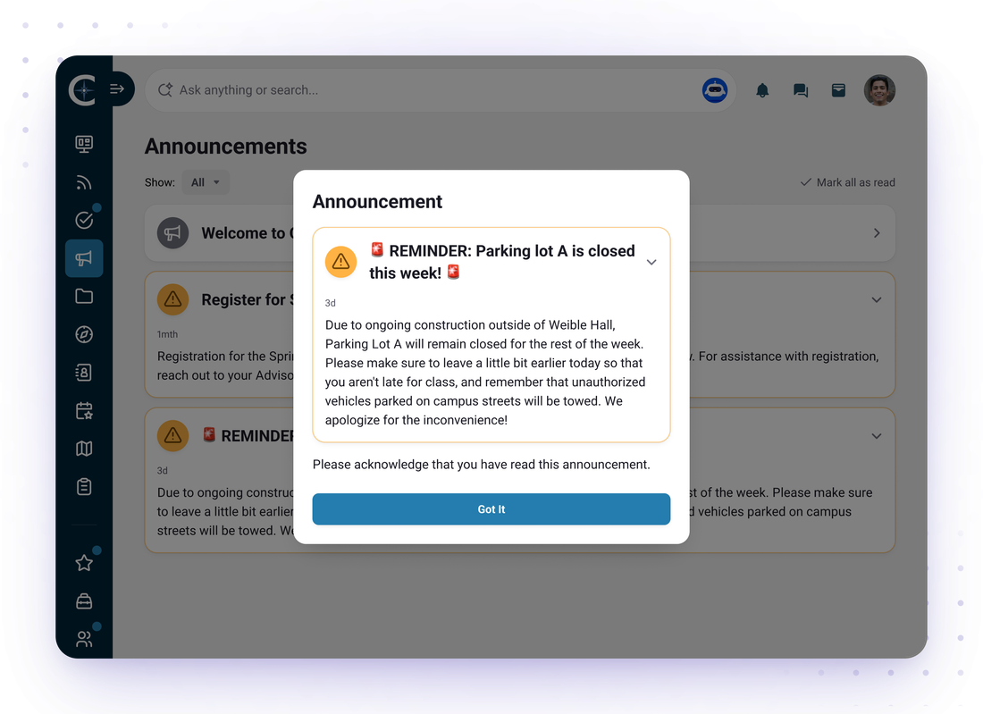 Pathify Hub announcement pop-up reminding students a campus parking lot is closed this week