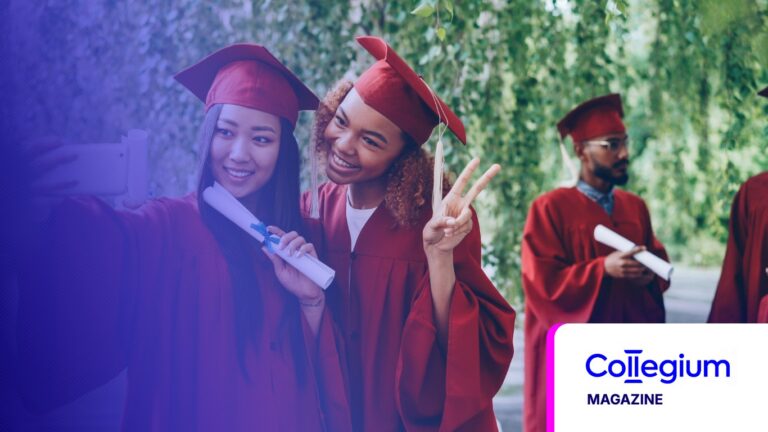 Graduates in red gowns taking a selfie, tinted in Pathify purple — Collegium Magazine: Mind the (Experience) Gap