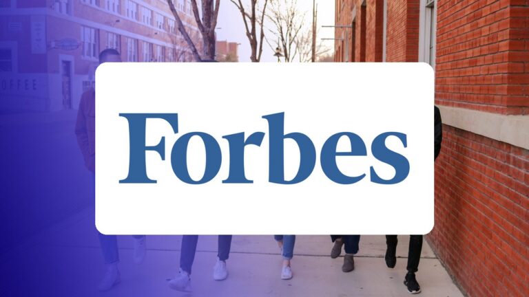 Forbes logo on a campus photo tinted in Pathify purple — media coverage tile