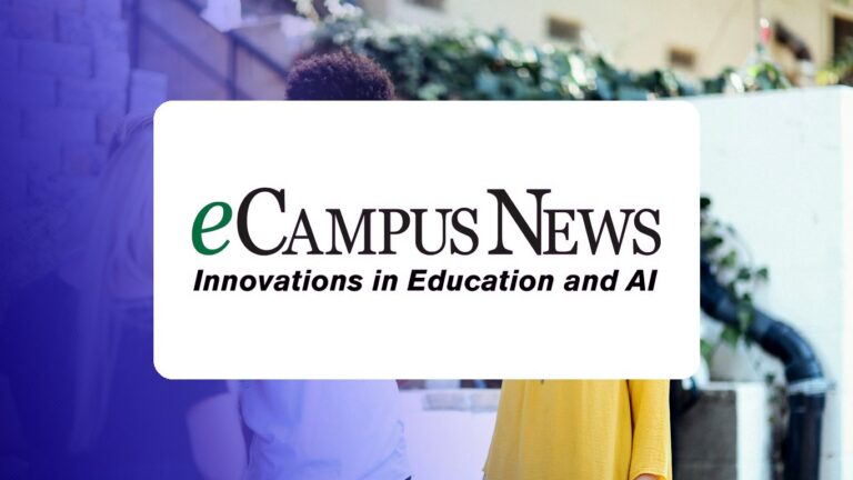 eCampus News logo on a campus photo tinted in Pathify purple — media coverage tile