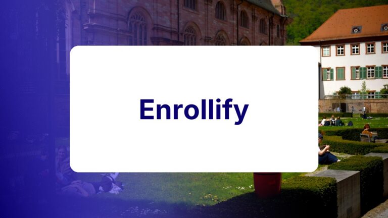 Enrollify logo on a campus photo tinted in Pathify purple — media coverage tile