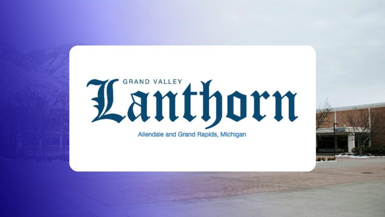 Grand Valley Lanthorn logo on a campus photo tinted in Pathify purple — media coverage tile