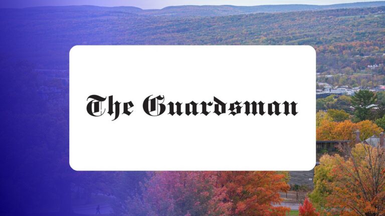 The Guardsman logo on a campus photo tinted in Pathify purple — media coverage tile