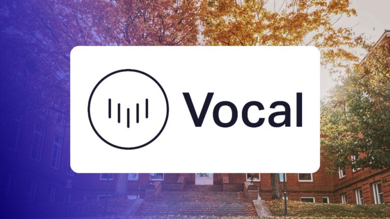 Vocal logo on a campus photo tinted in Pathify purple — media coverage tile
