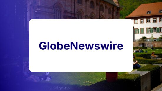 GlobeNewswire logo on a campus photo tinted in Pathify purple — media coverage tile